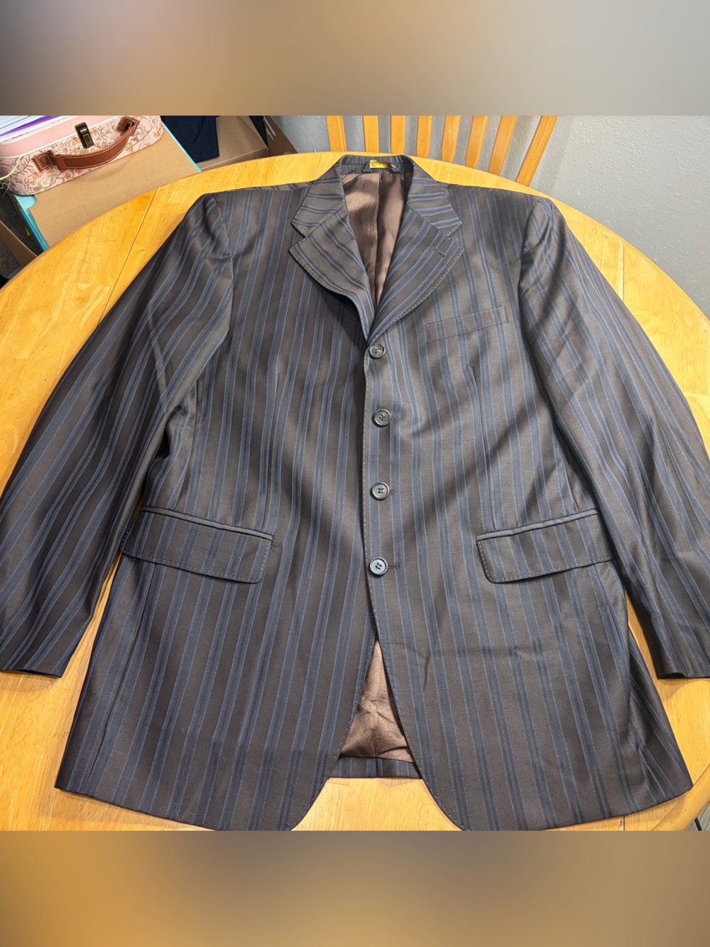 Men's Brown  Pinstripe Blazer with Subtle Blue Stripes Jacket 44 inches w33x30